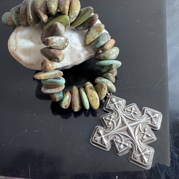 Crescent Valley Turquoise Choker Necklace Sterling Silver Maltese Cross 925 - Picture 6 of 10